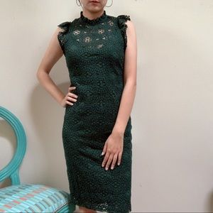 ZARA Emerald Green Lace Fitted Midi Dress